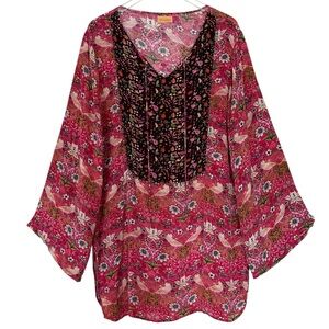 Benares Bird Floral Print Boho Tunic Dress Size XL